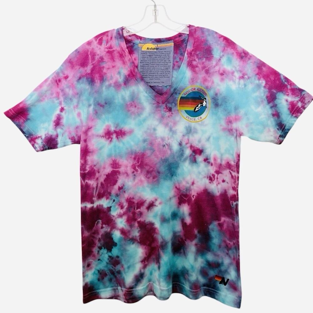 Aviator Nation Pink Turquoise Tie-Dye V-Neck Tee